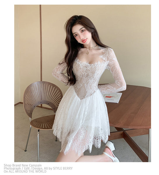 Spring Ladies Lace Long Sleeved Women Square Collar Waist A-line One Piece Skirt