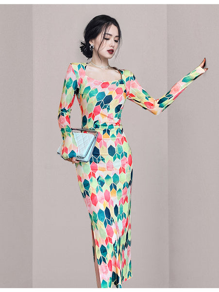 Spring Women Printed Square Collar Pencil Long Sleeves Dress