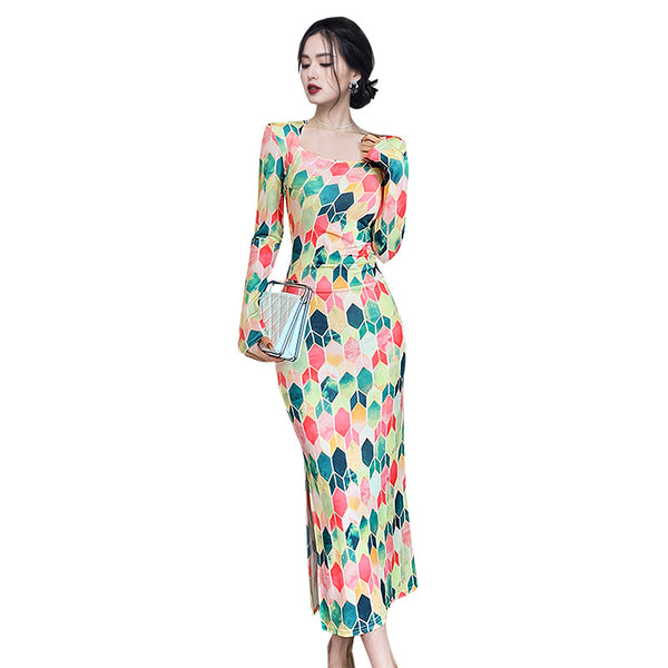 Spring Women Printed Square Collar Pencil Long Sleeves Dress
