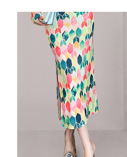 Spring Women Printed Square Collar Pencil Long Sleeves Dress