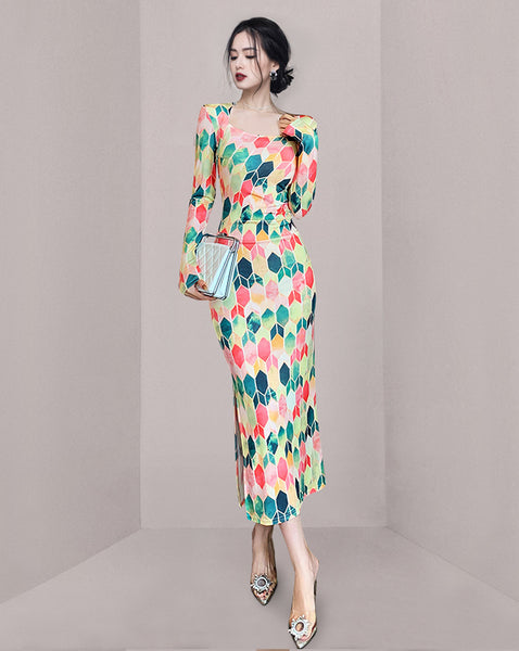 Spring Women Printed Square Collar Pencil Long Sleeves Dress