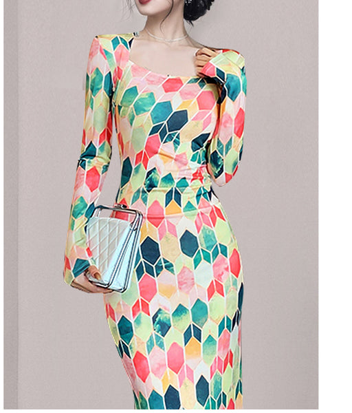 Spring Women Printed Square Collar Pencil Long Sleeves Dress