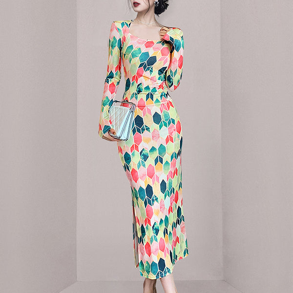 Spring Women Printed Square Collar Pencil Long Sleeves Dress