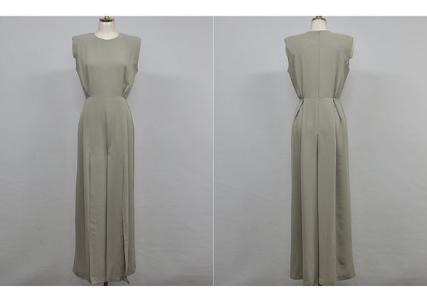 Summer Women Temperament Waist Slit Wide Pants One Piece Jumpsuits with belt