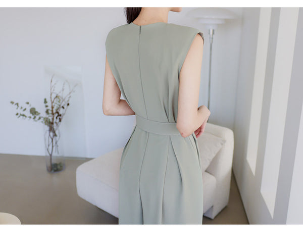 Summer Women Temperament Waist Slit Wide Pants One Piece Jumpsuits with belt