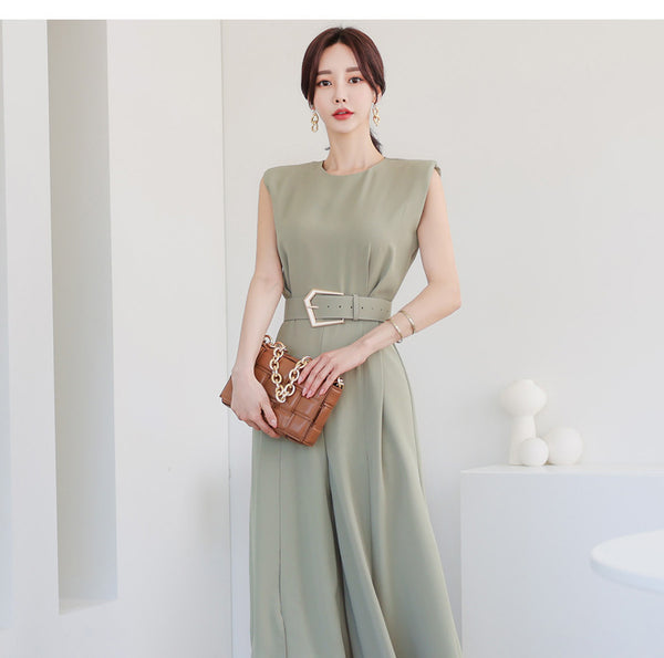 Summer Women Temperament Waist Slit Wide Pants One Piece Jumpsuits with belt