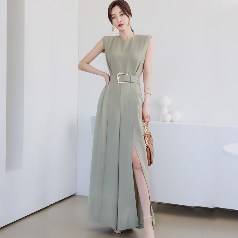 Summer Women Temperament Waist Slit Wide Pants One Piece Jumpsuits with belt