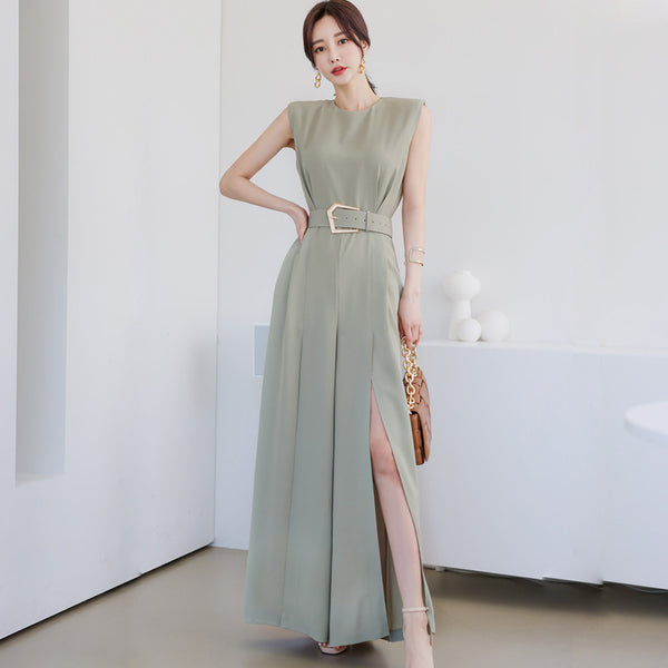 Summer Women Temperament Waist Slit Wide Pants One Piece Jumpsuits with belt