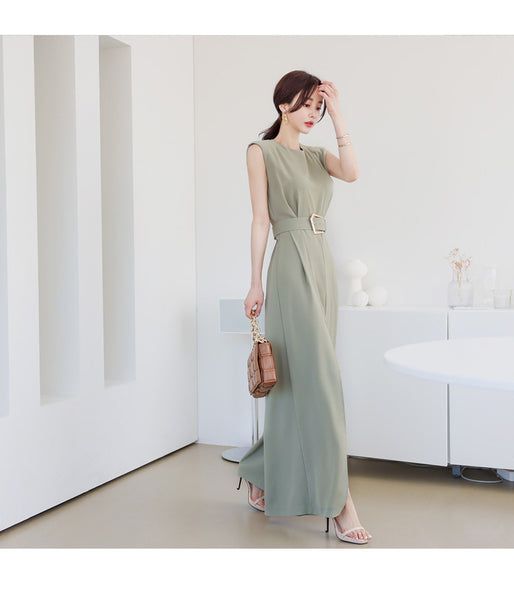 Summer Women Temperament Waist Slit Wide Pants One Piece Jumpsuits with belt