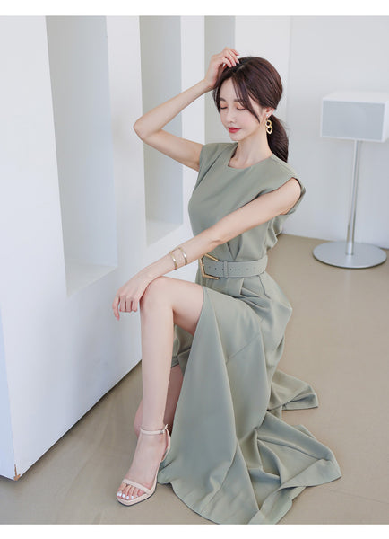 Summer Women Temperament Waist Slit Wide Pants One Piece Jumpsuits with belt