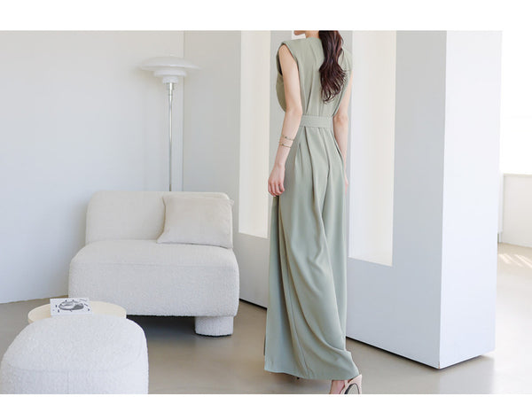 Summer Women Temperament Waist Slit Wide Pants One Piece Jumpsuits with belt