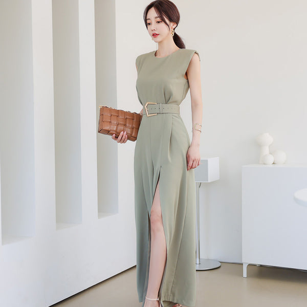 Summer Women Temperament Waist Slit Wide Pants One Piece Jumpsuits with belt