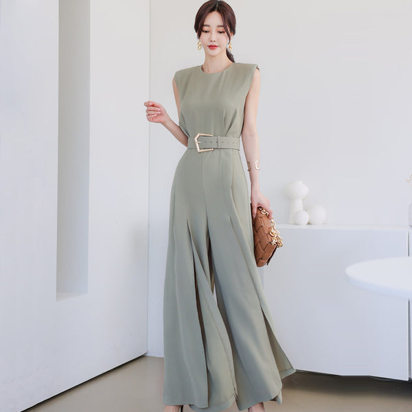 Summer Women Temperament Waist Slit Wide Pants One Piece Jumpsuits with belt