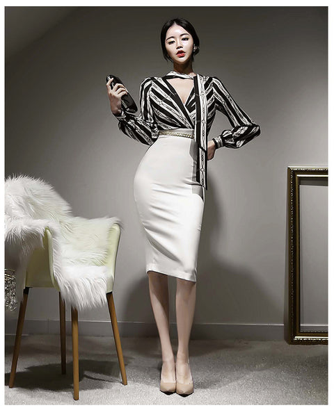 Black Striped Halter Neck Women Clothing Temperament Fit Lace Up One Piece Dress