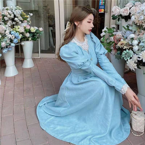 Lace Stitching Fairy Long Sleeves Temperament Waist Round Neck Dress