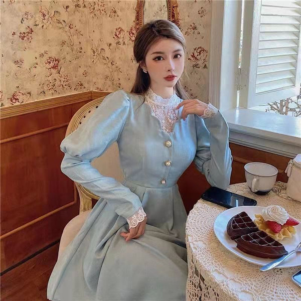 Lace Stitching Fairy Long Sleeves Temperament Waist Round Neck Dress