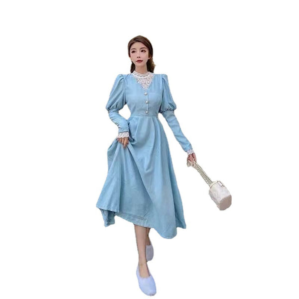 Lace Stitching Fairy Long Sleeves Temperament Waist Round Neck Dress