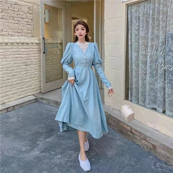 Lace Stitching Fairy Long Sleeves Temperament Waist Round Neck Dress