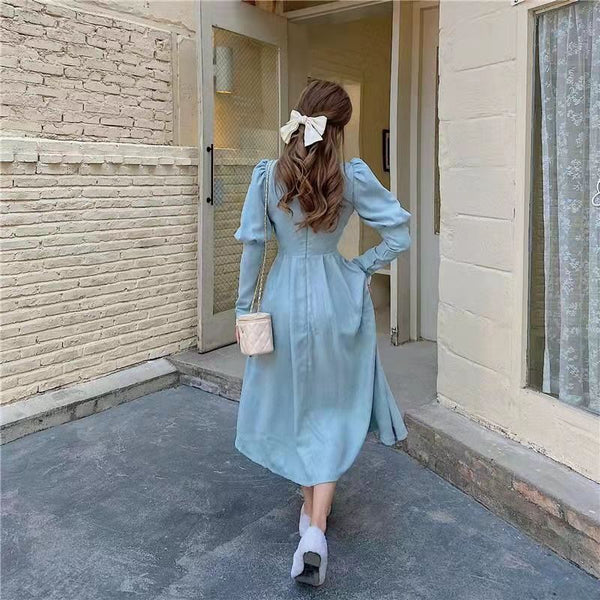Lace Stitching Fairy Long Sleeves Temperament Waist Round Neck Dress