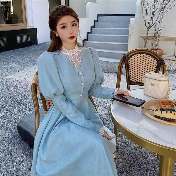 Lace Stitching Fairy Long Sleeves Temperament Waist Round Neck Dress