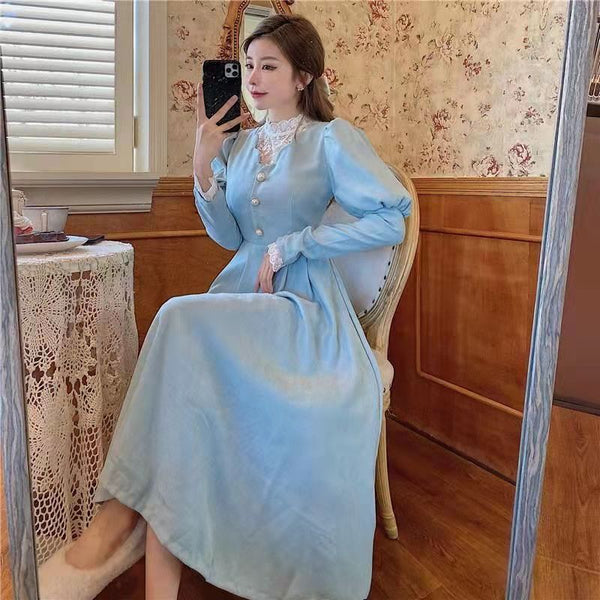 Lace Stitching Fairy Long Sleeves Temperament Waist Round Neck Dress