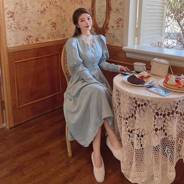 Lace Stitching Fairy Long Sleeves Temperament Waist Round Neck Dress