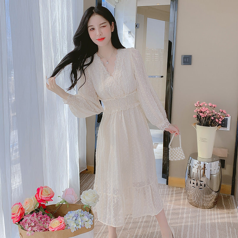 French Spring V Neck Lace Bottoming Clothing Temperament Fairy Skirt Dress