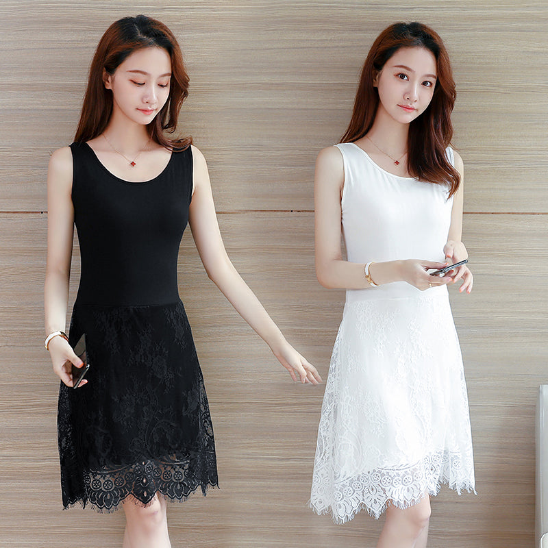 Lace Vest Women Milky White Mid Length Sleeveless Mesh Round Neck Dress