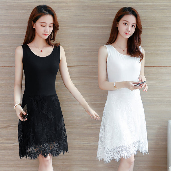 Lace Vest Women Milky White Mid Length Sleeveless Mesh Round Neck Dress