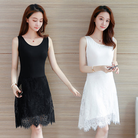 Lace Vest Women Milky White Mid Length Sleeveless Mesh Round Neck Dress
