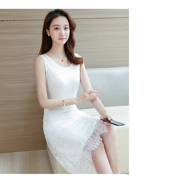 Lace Vest Women Milky White Mid Length Sleeveless Mesh Round Neck Dress