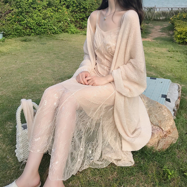 Lace Fishtail Sling Strap Temperament Fairy Dress Knitted cardigan Two Pieces set
