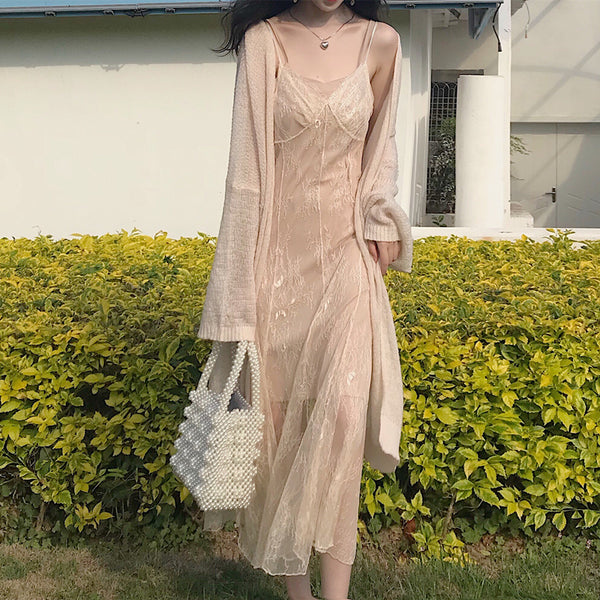 Lace Fishtail Sling Strap Temperament Fairy Dress Knitted cardigan Two Pieces set