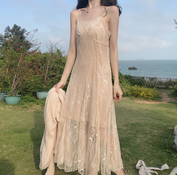 Lace Fishtail Sling Strap Temperament Fairy Dress Knitted cardigan Two Pieces set