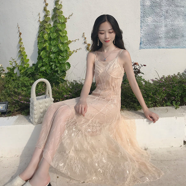 Lace Fishtail Sling Strap Temperament Fairy Dress Knitted cardigan Two Pieces set