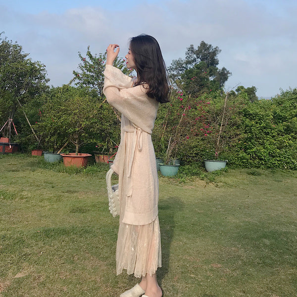 Lace Fishtail Sling Strap Temperament Fairy Dress Knitted cardigan Two Pieces set