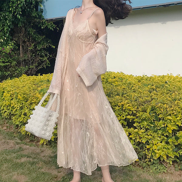 Lace Fishtail Sling Strap Temperament Fairy Dress Knitted cardigan Two Pieces set