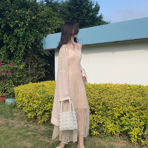 Lace Fishtail Sling Strap Temperament Fairy Dress Knitted cardigan Two Pieces set