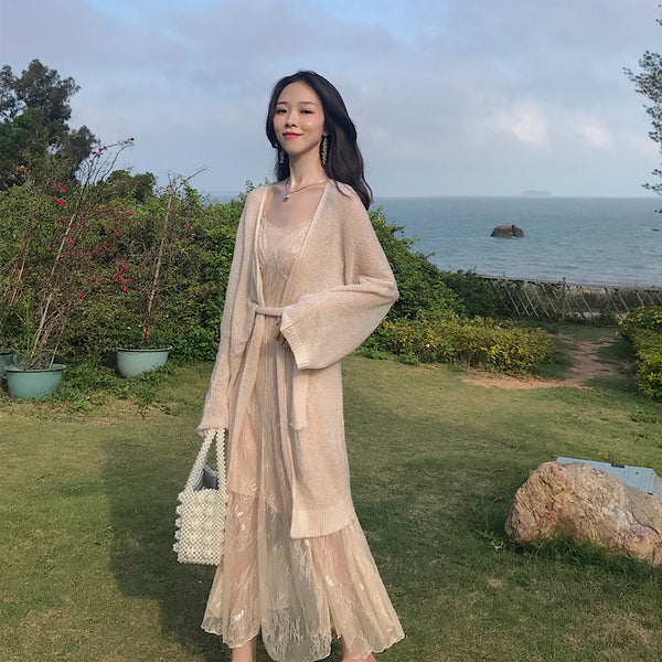 Lace Fishtail Sling Strap Temperament Fairy Dress Knitted cardigan Two Pieces set