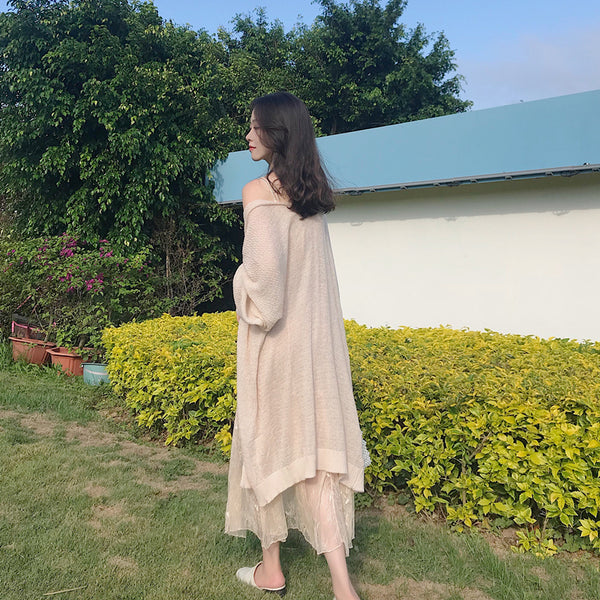 Lace Fishtail Sling Strap Temperament Fairy Dress Knitted cardigan Two Pieces set