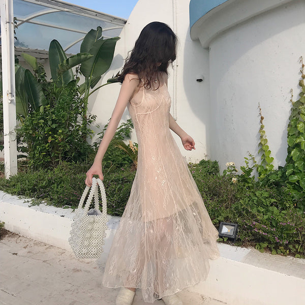 Lace Fishtail Sling Strap Temperament Fairy Dress Knitted cardigan Two Pieces set