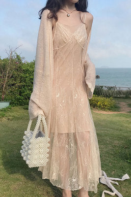Lace Fishtail Sling Strap Temperament Fairy Dress Knitted cardigan Two Pieces set