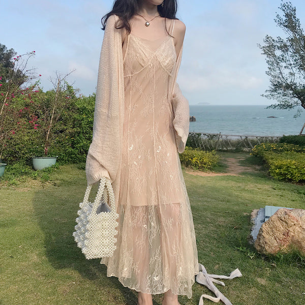 Lace Fishtail Sling Strap Temperament Fairy Dress Knitted cardigan Two Pieces set