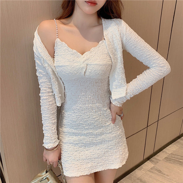 Large Size Sexy Women V-neck Pearl Sling Strap Skirt Coat Cardigan Top Jacket