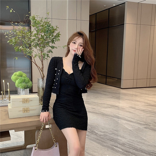 Large Size Sexy Women V-neck Pearl Sling Strap Skirt Coat Cardigan Top Jacket