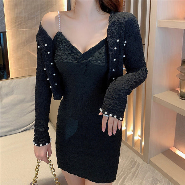 Large Size Sexy Women V-neck Pearl Sling Strap Skirt Coat Cardigan Top Jacket