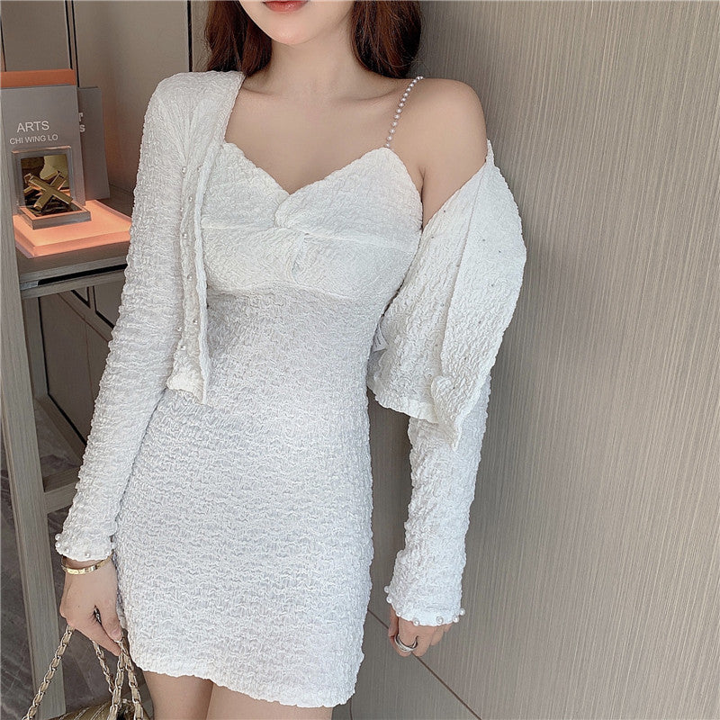 Large Size Sexy Women V-neck Pearl Sling Strap Skirt Coat Cardigan Top Jacket