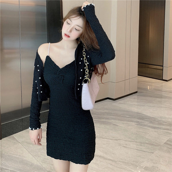 Large Size Sexy Women V-neck Pearl Sling Strap Skirt Coat Cardigan Top Jacket