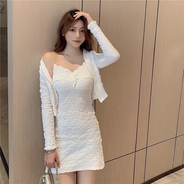 Large Size Sexy Women V-neck Pearl Sling Strap Skirt Coat Cardigan Top Jacket