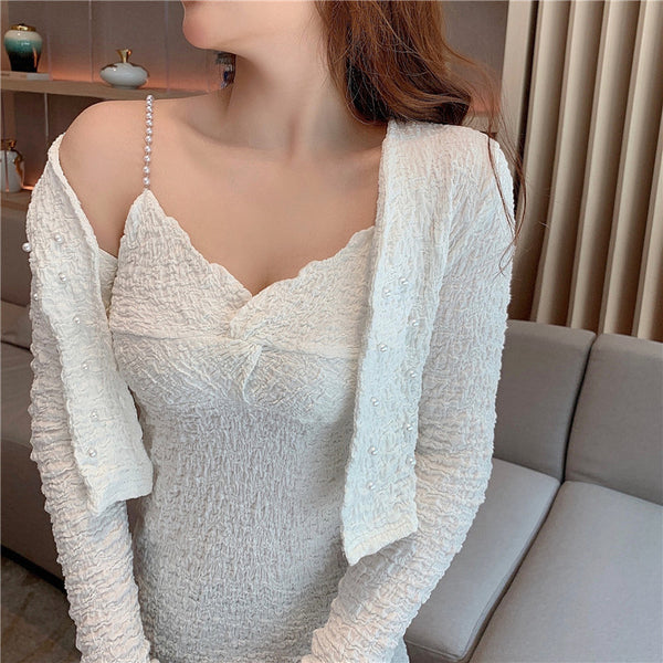 Large Size Sexy Women V-neck Pearl Sling Strap Skirt Coat Cardigan Top Jacket